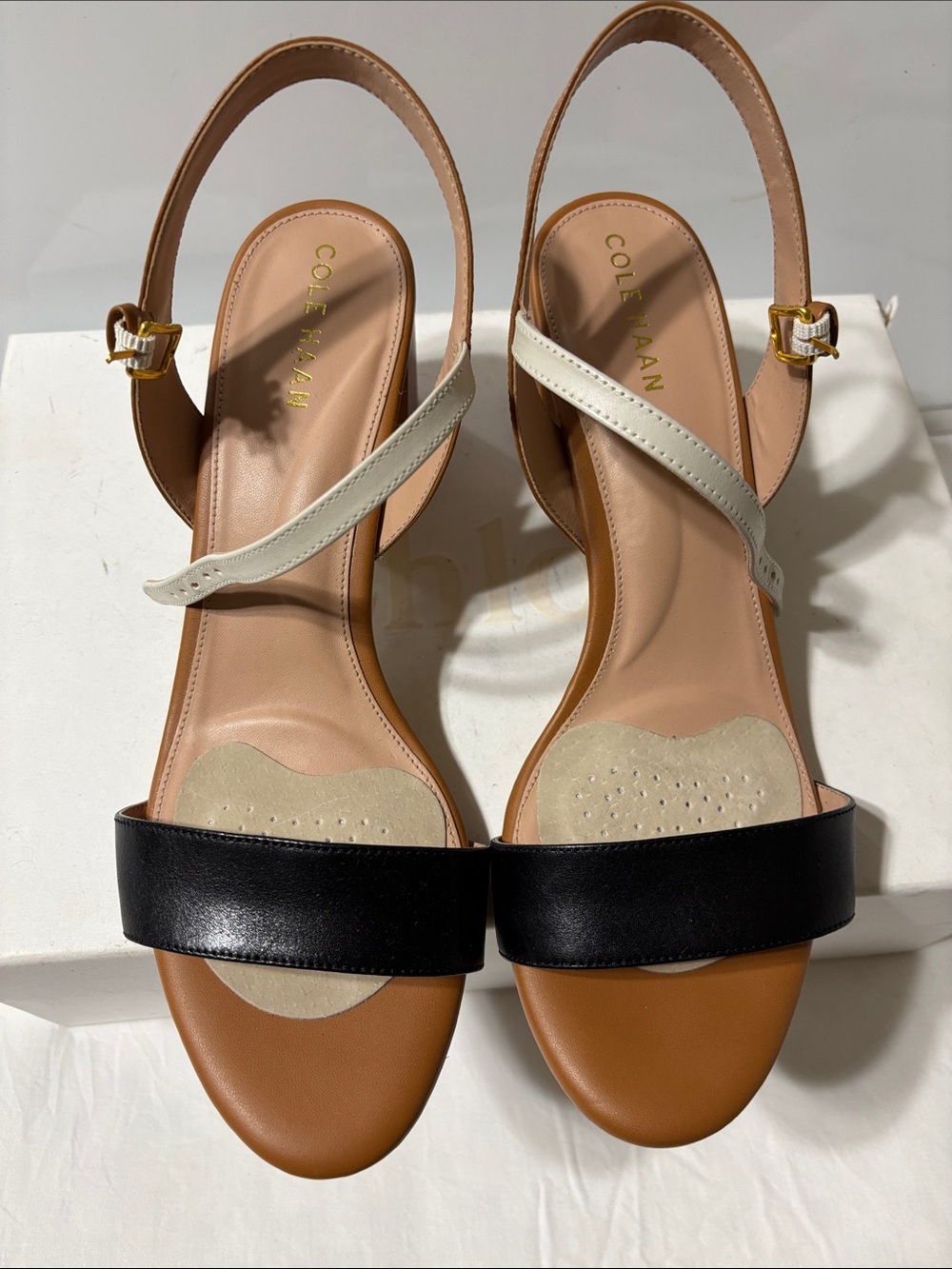 Cole Haan Two-Tone Leather Slingback Sandals in Black, Cream & Tan.